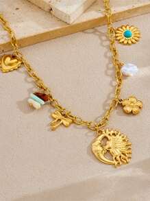 1 Multi-Element Personalized Asymmetrical Moon Pendant Pasted With Turquoise Sunflower, Heart-Shaped Pearl, Colorful Crushed Stone Accessories Chain, Stainless Steel Necklace