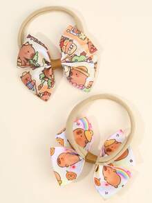 2 件女孩蝴蝶结装饰发带，柠檬/花朵/卡通水豚印花蝴蝶结，弹性发带，可爱清新配饰，适合春季/夏季/上学日/趣味郊游