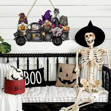 Halloween Tür-Dekoration Willkommens-Hängeschild, Frohe Halloween Veranda Schild Kranz Dekoration, Zwerg Lastwagen Holz Türschild für Haus Fenster Wand Dekoration
