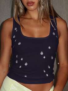 Women's Teardrop Diamond Decor Ribbed Crop Top Bodycon Sexy Blouse