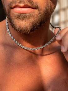 2pcs/Set Gold-Color Stainless Steel 18K Plated Twisted Chain Bracelet And Necklace Combination For Men, Simple Style For Sports And Fashion Accessory
