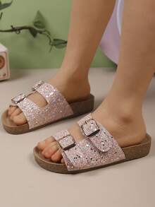 1 par de zapatillas antideslizantes para interiores/exteriores con hebillas de doble hebilla brillante con rhinestones para niños y niñas - Rosa - Ver 3