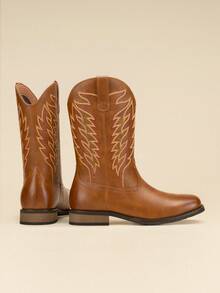 Men's Western Premium Leather Cowboy Boots Square Toe Pull On Embroidered Design All Seasons Comfort,Durable Leather Retro Short Boot Country Chic - Brown - View 3