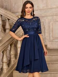 MIUSOL 亮片花卉蕾丝圆领不对称褶边雪纺半袖舞会派对摆裙