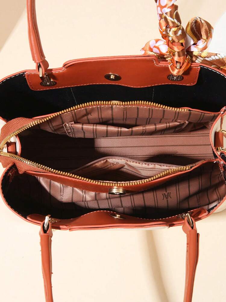 3 Peças Conjunto de Bolsa Feminina com Estampa Geométrica Elegante, Material de Couro Sintético, Incluindo Clutch e Lenço - Caqui - Visão 8