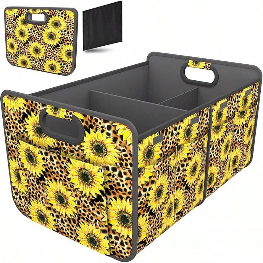 Homeve Car Trunk Organizer, Car Storage, Reinforced Handles, Collapsible Multi-Compartment Car Organizers, Foldable And Waterproof, 600D Oxford Polyester, Suitable Any Car, SUV,-Van, Black2025 - Họa tiết da báo hoa hướng dương - Xem 1