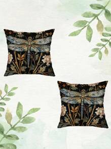 2pcs Dragonfly & Floral 2D Flat Printed Decorative Pillow Covers, Non-Embroidered, 18" X 18", Vintage Farmhouse Style, Single Sided Print, Polyester, Zipper Closure - Perfect For Living Room, Bedroom, Sofa, And Christmas/Halloween Decor