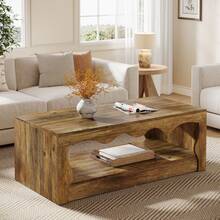 Tribesigns 2-Tier Wooden Coffee Table, 47.24-Inch Farmhouse Coffee Tables With Open Storage Shelf, Rectangular Accent Center Low Cocktail Tea Table, Brown - Brown - View 2