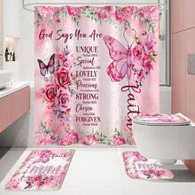 4 Pcs Yellow Inspirational Quotes Shower Curtain Set With Rugs And Toilet Lid Cover, Colorful Boho Waterproof Fabric Bathroom Set, Bible Verse Floral Bathroom Decor Set Accessories - 粉色 - 查看 9