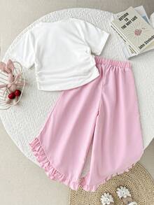 Set de 2 piezas para niñas jóvenes: Camiseta con estampado de mariposa y cereza, combinada con pantalones de unicolor con volante en el bajo asimétrico - Multicolor - Ver 2