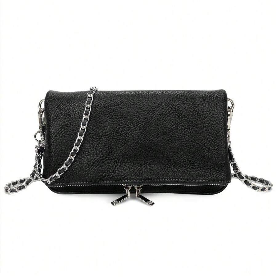 女士小型防盗链条斜挎包 - 黑色/黄色/紫红色/银色/红色/海军蓝/金色/粉色/棕色/白色/橙色/米色/卡其色 - 黑色 - 查看 1