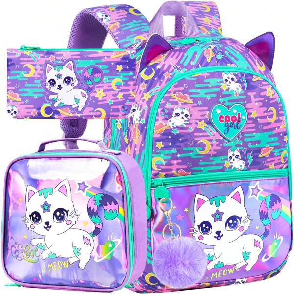16.5" Cat Backpack For Girls, 3Pcs Kids Bookbag Set For Kindergarten/Preschool/Elementary School