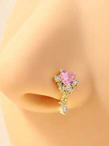 1 Pc Fashionable And Elegant Copper Heart-Shaped Pendant With Pink Zirconia Golden Fake Nose Ring Is Suitable For Women To Wear Daily.