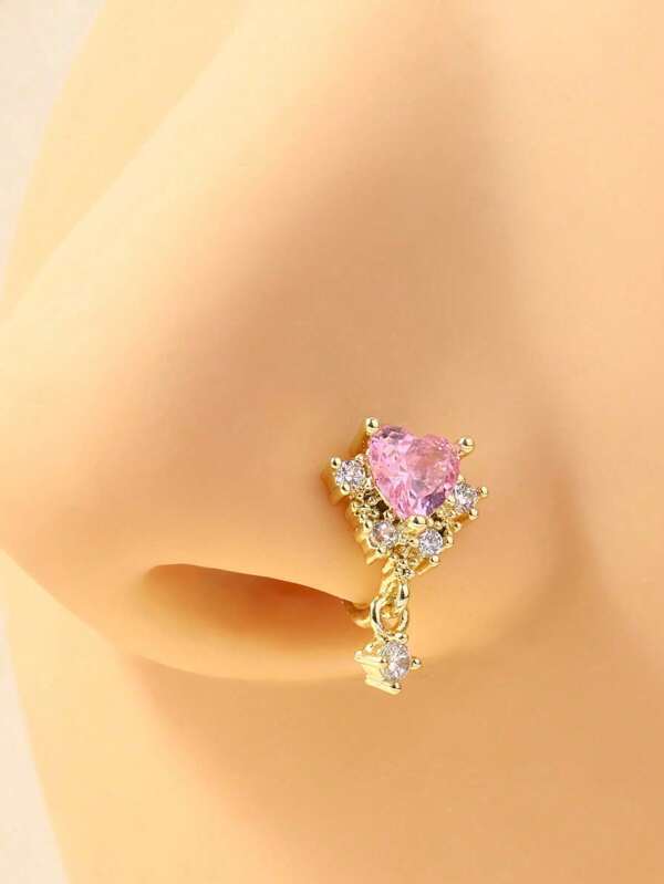 1 Pc Fashionable And Elegant Copper Heart-Shaped Pendant With Pink Zirconia Golden Fake Nose Ring Is Suitable For Women To Wear Daily.