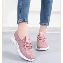 Zapatillas deportivas casuales para mujer, de malla transpirable, elegantes, deportivas para caminar, fitness, entrenamiento y deportes. Zapatillas sencillas con cordones delanteros antideslizantes, cómodas y elegantes. - Rosa - Ver 5