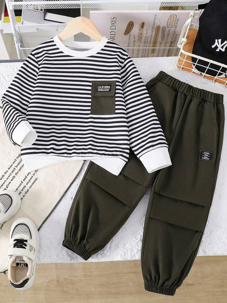 Tween Boy Letter Embroidered Striped Crew Neck Sweatshirt And Woven Long Pants Set - Army Green - View 1
