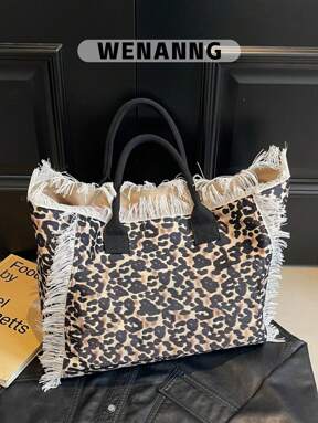 1 Pezzo, Borsa shopper donna stile leopardato, con design del bordo grezzo, borsa a spalla di grande capacità, casual per spiaggia, pendolarismo e uso quotidiano, per donne/ragazze, adatta per uso quotidiano, shopping, vacanze, viaggi