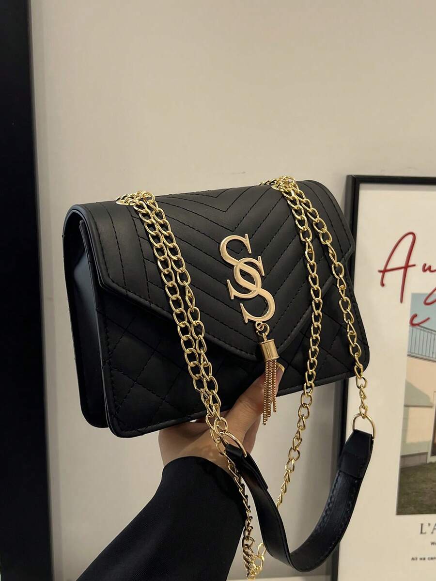 Seam Chain SS Jewelry Square Shoulder Bag Oblique Shoulder Bag - Black - View 1