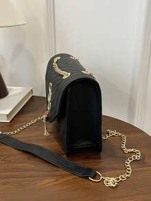 Seam Chain SS Jewelry Square Shoulder Bag Oblique Shoulder Bag - Black - View 7