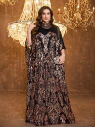 SUPGIR Random Print Plus Size Women s Stand Collar Long Sleeve Reversible Sequin Contrast Mesh Fabric Elegant Evening Dress p 61889781