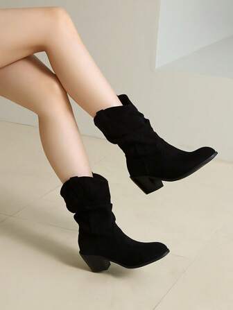 Bottes de cowboy à talons épais plissées noires vintage pour femmes, bottes courtes de style western pour le printemps, l'automne et l'hiver