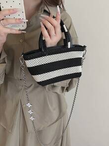 New Fashion Woven Women Handbag, Versatile Color Block Shoulder Bag, Crossbody Bag Suitable For Beach, Travel, Holiday, Shopping, Party And Occasions - Black - View 4