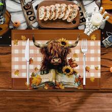 1/4/6pcs Autumn Series Plaid, Cow, Sunflower, Leaf Print Decorative Placemats, Table Mats For Party Kitchen Dining Decoration. Hand Washable 100% Linen Placemats/Coffee Cup Coasters - Ideal For Dining Tables, Restaurants, Birthday & Party Decorations, Home Decoration, Table Decoration, Party Decoration, Wedding Decoration, Dining Room & Kitchen Decoration, Room Decoration. - ZYMCD-253 - View 3