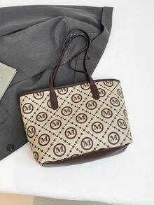 Túi Tote Đơn Giản In Chữ Có Sức Chứa Lớn Phong Cách Châu Âu & Mỹ, Túi Đeo Vai Đi Làm Họa Tiết Hình Thoi Mới Cho Nữ - Cà phê - Xem 6