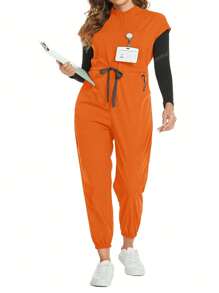 cimmuovere Große Größen Kurzarm Taille-Bindeband Figurbetonter Reißverschluss Stehkragen Kasack Jumpsuit