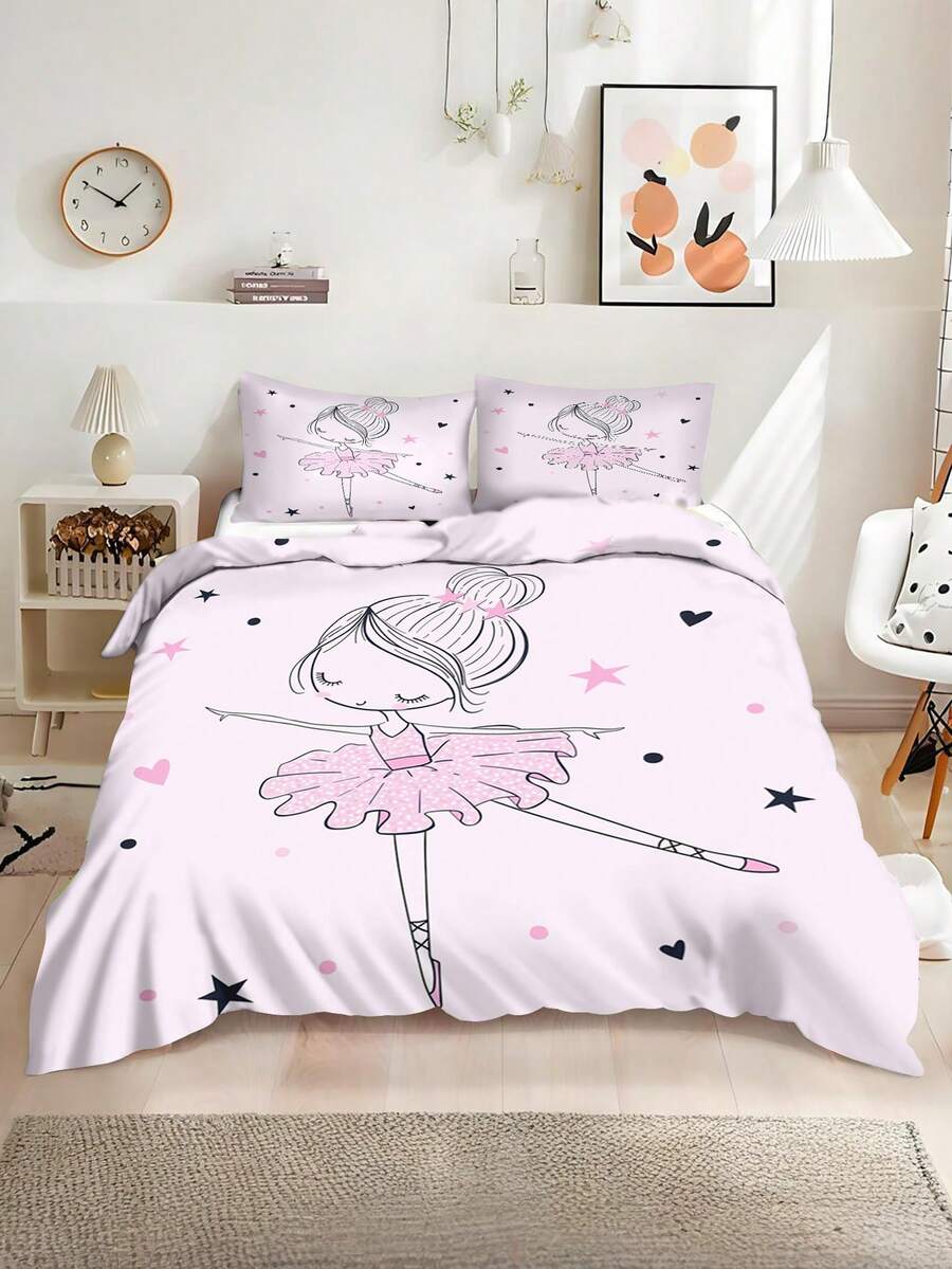 3PCS Children'S Double-Sided Little Girl Dance Duvet Set With Three Pieces. One Side Is A Little Girl With A Hairpin, And The Other Side Is A Girl With Bangs. Digital Printing For Home Sleep. Children'S RoomNo Filling Material - Multicolor - View 1
