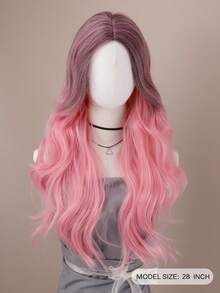 28 Inch Long Ombre Pink Gradient Wig With Middle Part, Heatresistant Synthetic Water Wave Wig, Suitable For Daily Wear, Party, And Halloween - Pink Ombre - View 4