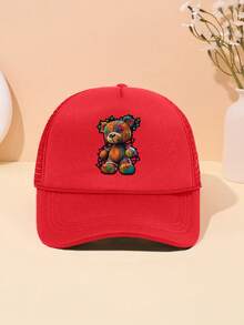 男女通用时尚卡通熊印花成人海绵帽带绳装饰网眼拼接透气可调节尺寸时尚棒球帽适合日常户外活动遮阳休闲高尔夫帽