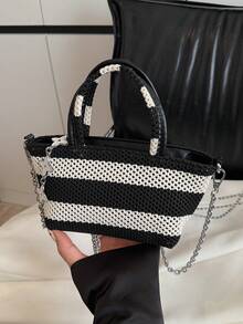 New Fashion Woven Women Handbag, Versatile Color Block Shoulder Bag, Crossbody Bag Suitable For Beach, Travel, Holiday, Shopping, Party And Occasions - Black - View 10