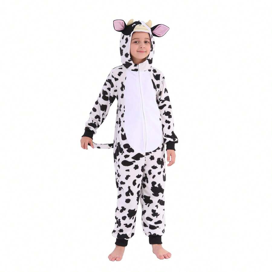 Kids Cow Jumpsuit, Animal Themed Party, Cow Cartoon Jumpsuit, Can Be Paired With Adult Parent-Child Cow Jumpsuit, Suitable For Boys And Girls - 黑與白 - 查看 1
