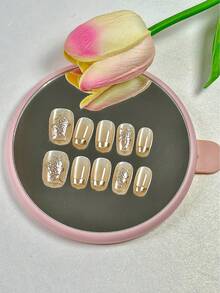 10 Peças Unhas Postiças Quadradas Curtas, Olho de Gato Champanhe com Pontas Francesas Douradas e Detalhes Florais, Unhas Falsas Elegantes, Conjunto de Manicure Colada para Mulheres e Meninas, Suprimentos de Unhas