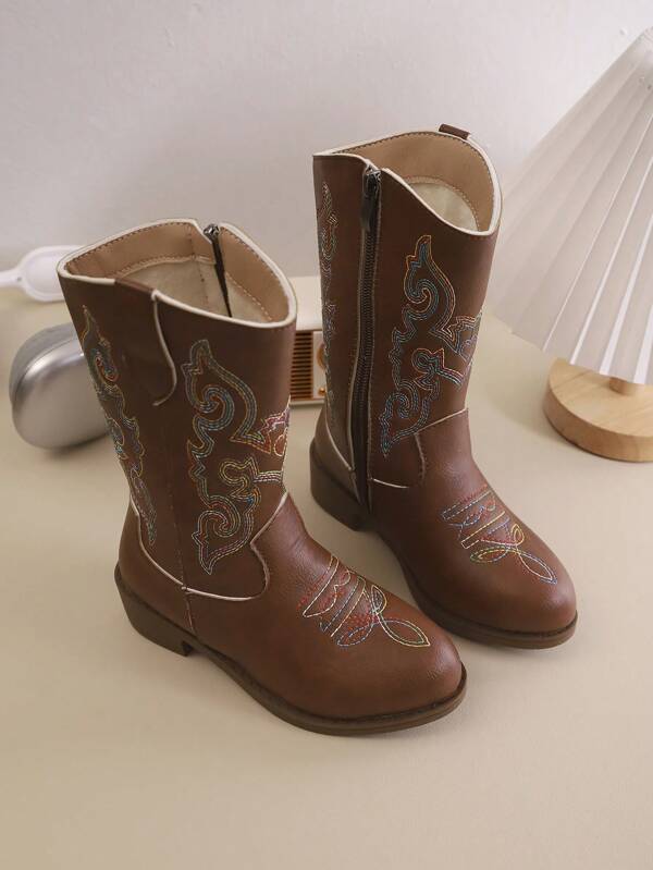 Botas occidentales para niñas con bordado floral, diseño con cremallera, tacón alto, de moda, cálidas, adecuadas para fiesta y exteriores, otoño/invierno