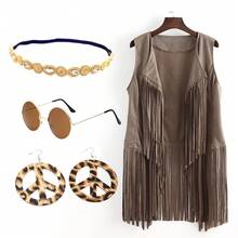 5pcs/Set Retro 60s Hippie Party Costume, Solid Color Fringe Vest, Glasses, Necklace, Earrings, Fun Cosplay Medieval Renaissance Masquerade Party Magic Outfit, Unisex Vintage Casual