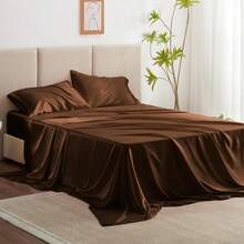 Twin Satin Sheets Sets - 3 Piece Brown Silky Bed Sheets Twin With Deep Pockets, Luxury Silk Feel Satin Sheet Set Bedding Set (1 Flat Sheet,1 Fitted Sheet,1 Pillow Case) - 棕色 - 查看 5