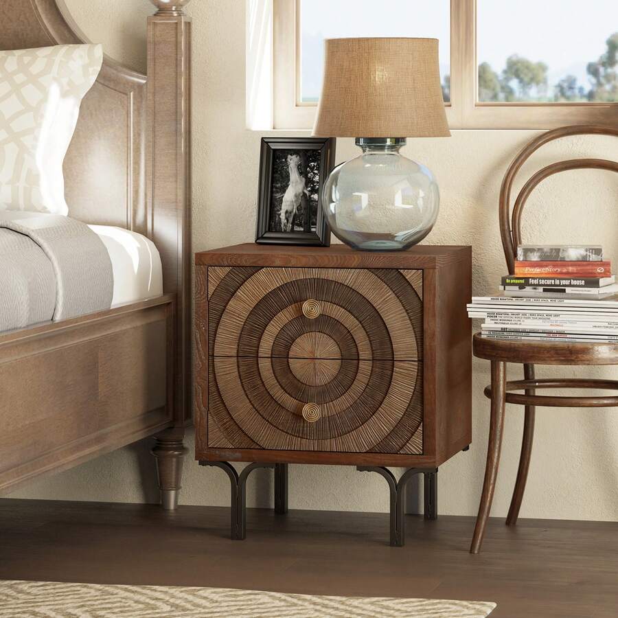 COZAYH Farmhouse 2-Drawer Nightstand, Accent Wooden Nightstand With Circle Pattern And Radioactive Wood Lines, Mid-Century Nightstand For Bedroom, Natural Wood Color - Tủ đầu giường 2 ngăn kéo - Xem 1