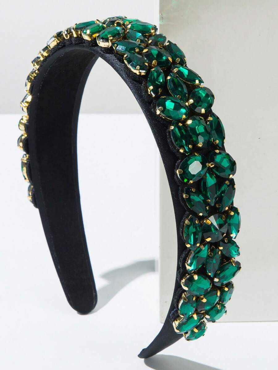 1 件黑色复洛克风格弹性头带，适合女士，闪亮水钻装饰，时尚百搭个性化头饰发饰，发带，发箍，秋季 - 綠色 - 查看 1