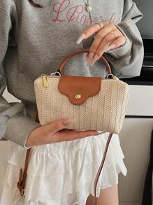 Bolso doblado de tela contrastada versátil y casual para mujer, bolso cuadrado minimalista de nailon, bolso de mano de moda, bolso de estilo retro con correa extraíble, bolsos para adolescentes, mujeres estudiantes universitarias, principiantes y trabajadores de oficina, perfecto para oficina, universidad, trabajo, negocios, viajes