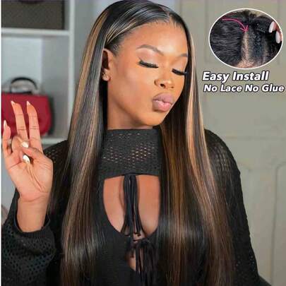 挑染（黑色至蜂蜜金色）V 型假发，真人发质，150% 密度，200% 密度，直发 V 型假发，无需胶水和凝胶，玫瑰网帽，适合所有种族，时尚假发，自然造型假发，8-30 英寸，自然/30/33