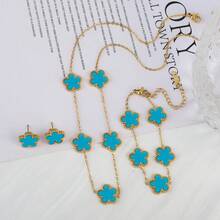 Conjunto de joyería para mujer, collar de flores de cinco hojas chapado en oro de 18k, pendientes, pulsera, joyería de fiesta, uso diario, trébol, 3 uds. - Conjunto de joyas 22 - Ver 2