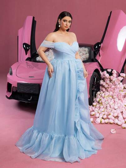 Faeriesty Luxe ​Plus Size Off-The-Shoulder Back Tie-Up High Slit A-Line Ruffled Ball Gown Dress | Ideal For Grand Evening Parties, Exclusive Charity Galas, High-End Wedding Receptions, Luxurious New Year's Eve Balls, Formal State Banquets​