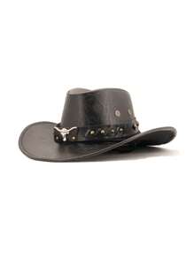 1pc Unisex Solid Color PU Leather Cowboy Hat, Unique Shiny 3D Bull Head Design With Leather & Metal Rivet Wide Belt Decor, Wide Brim Sun Protection Hat, New Vintage Wide Brim Sun Hat, Adjustable Cord Cyberpunk Stylish Cool Novelty Punk Style Wide Brim Cap