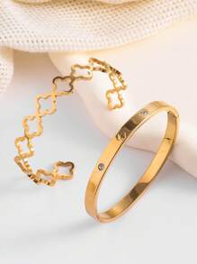 2pcs/Set Simple Floral Stainless Steel Vacuum Plated Non-Fading Bracelet, Suitable For Women's Daily Wear