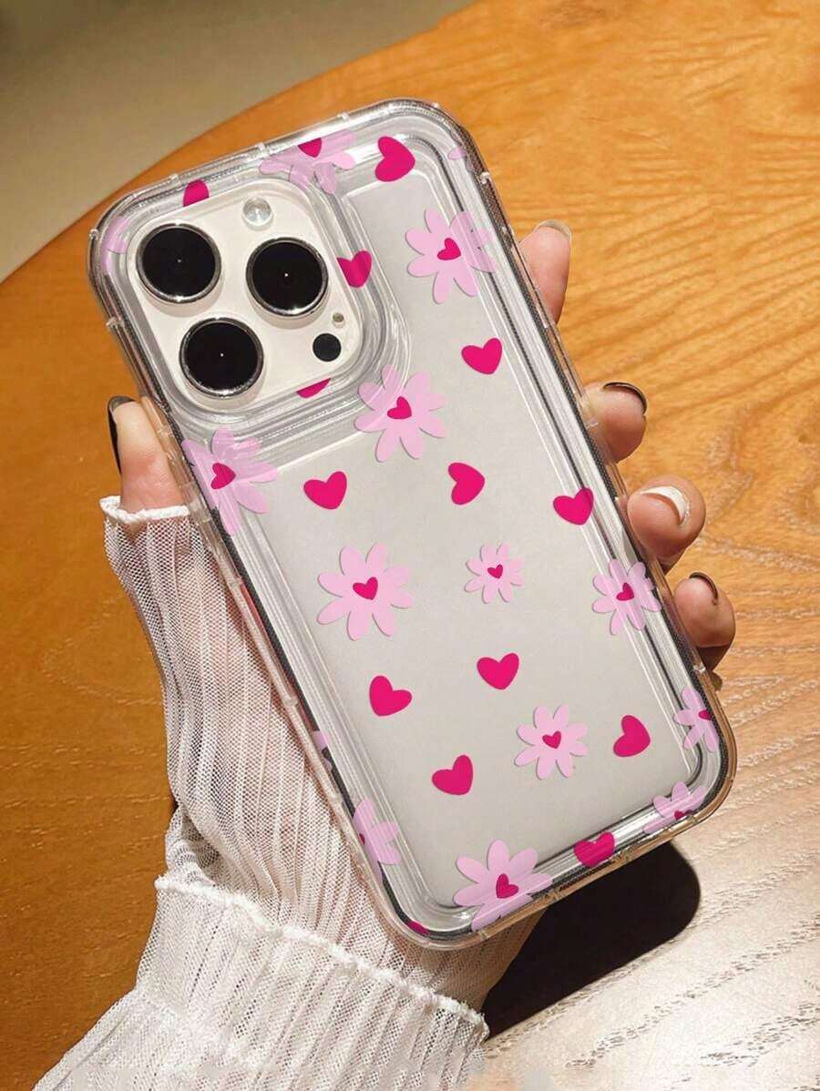 Funda para teléfono 1 pieza SummerPink 1 pieza protectora transparente con diseño de patrón de corazón y agujero grande, funda para teléfono con impresión de absorción de impactos y bolsa de aire anticaída compatible con funda para teléfono phone - Transparente 2 - Ver 1