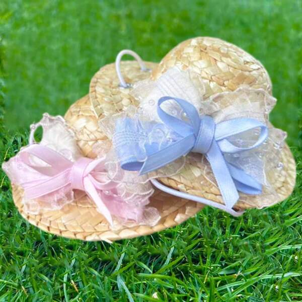 Sombrero de paja ajustable con lazo para mascotas, sombrero de sol de verano para gatos y perros, colores rosa y azul