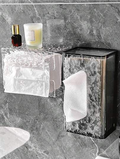 1 pieza Soporte de caja de pañuelos montado en la pared, caja de almacenamiento de pañuelos de estilo glaciar transparente y rectangular colgada en la pared para accesorios de baño