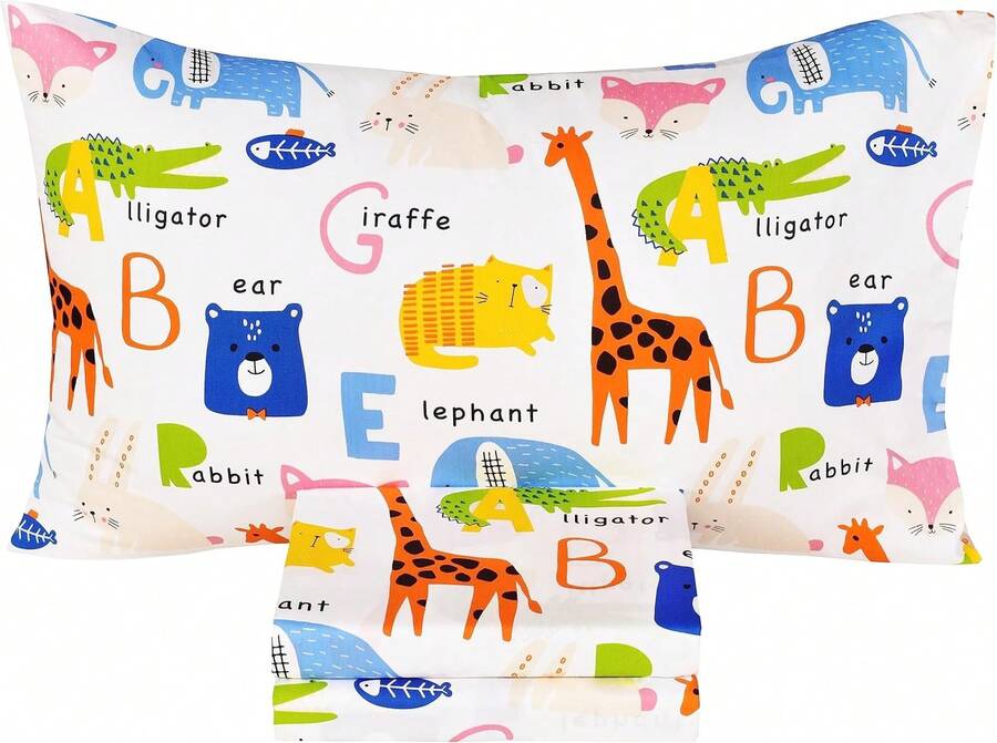 Cute Rabbit Bear Fox Alligator Animals Letters Boys Girls Kids 100% Cotton Cozy Twin Bed Sheet Set, Flat Sheet & Fitted Sheet & Pillowcase Natural Bedding Set (Animals, Twin) - 青檸色 - 查看 1